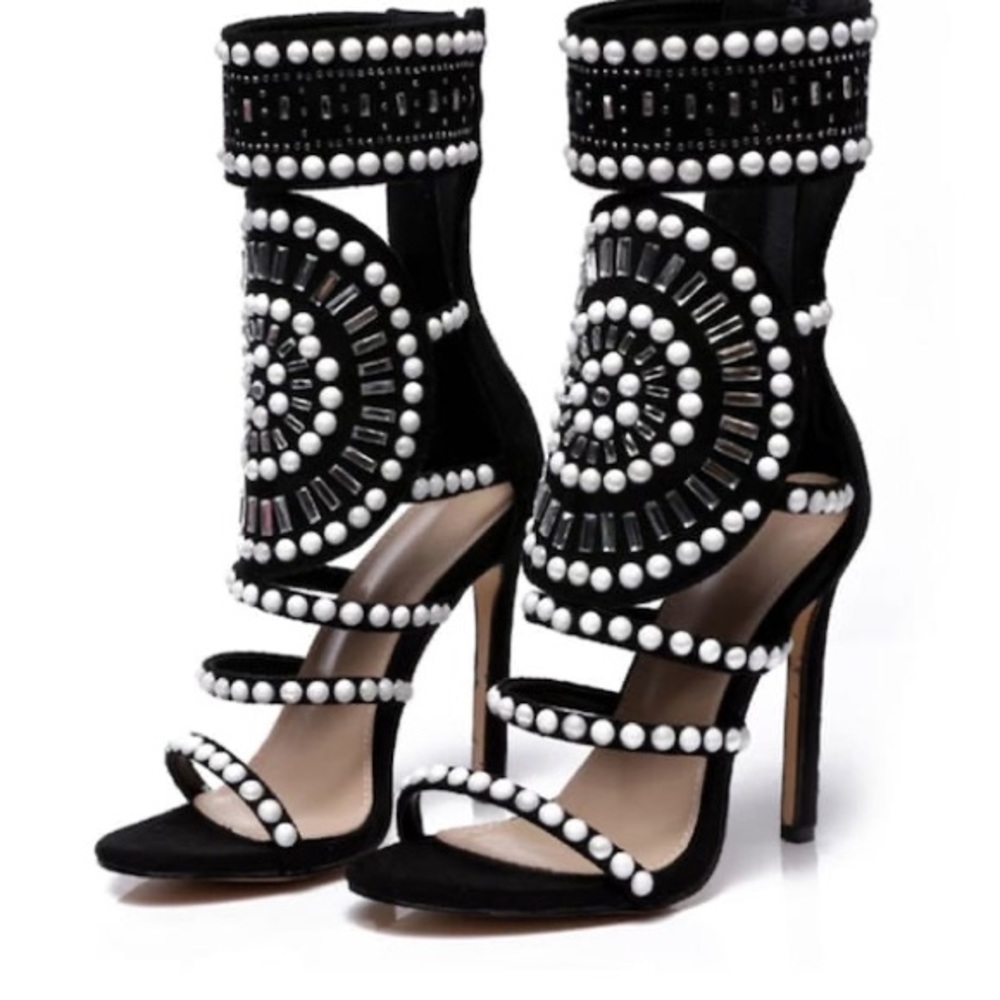 New Public Desire Royal Jeweled Embellished Black Open toe Heels